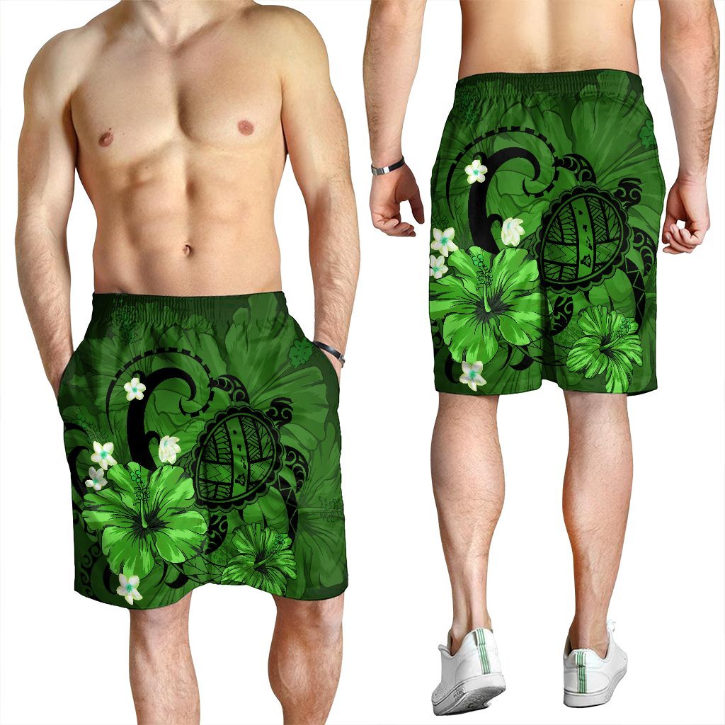 Hawaiian Map Big Turtle Hibiscus Plumeria Tribal Polynesian Men's Shorts - Green - AH - Polynesian Pride