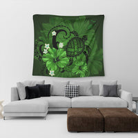Hawaiian Map Big Turtle Hibiscus Plumeria Tribal Polynesian Tapestry - Green - AH - Polynesian Pride