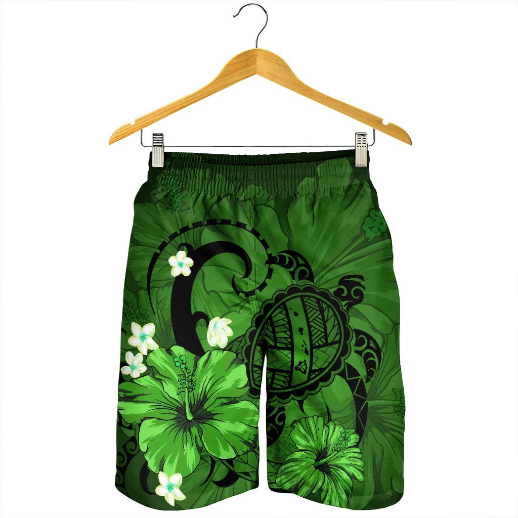 Hawaiian Map Big Turtle Hibiscus Plumeria Tribal Polynesian Men's Shorts - Green - AH - Polynesian Pride