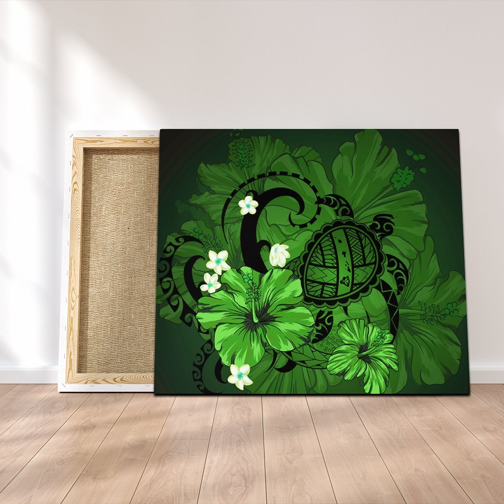 Hawaiian Map Big Turtle Hibiscus Plumeria Tribal Polynesian Canvas - Green - AH Canvas Poly-cotton - Polynesian Pride