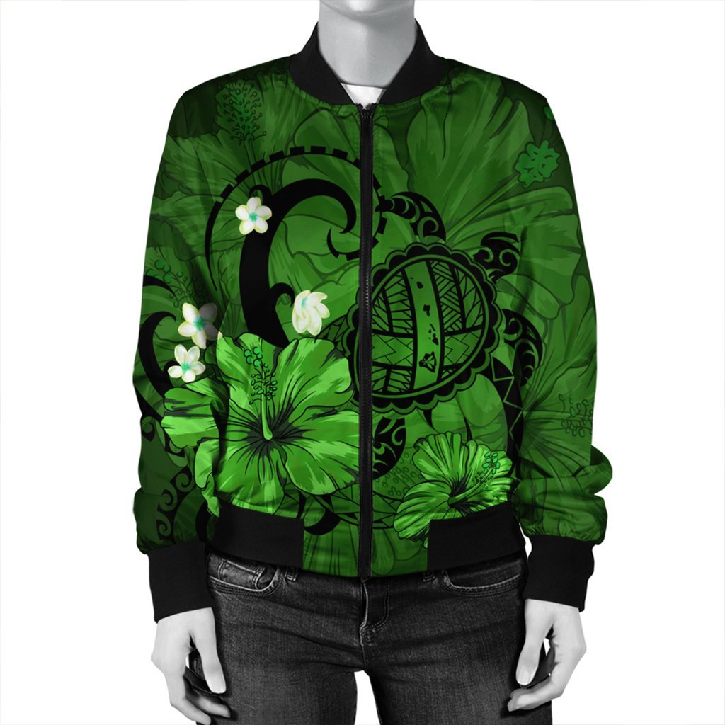 Hawaiian Map Big Turtle Hibiscus Plumeria Tribal Polynesian Bomber Jacket - Green - AH - Polynesian Pride