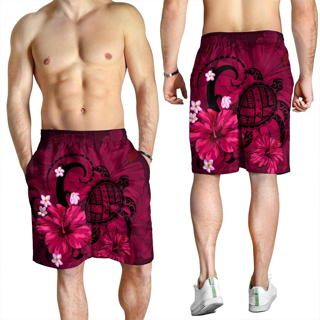 Hawaiian Map Big Turtle Hibiscus Plumeria Tribal Polynesian Men's Shorts - Pink - AH - Polynesian Pride