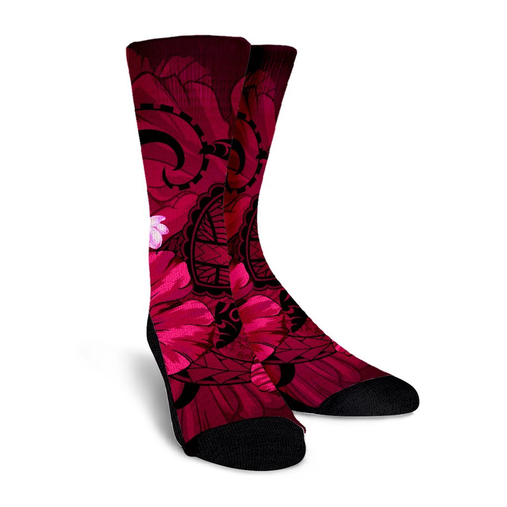Hawaiian Map Big Turtle Hibiscus Plumeria Tribal Polynesian Crew Socks - Pink - AH - Polynesian Pride
