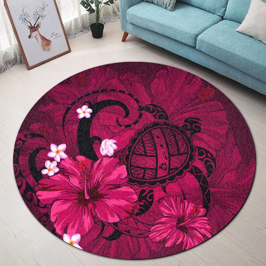 Hawaiian Map Big Turtle Hibiscus Plumeria Tribal Polynesian Round Carpet - Pink - AH - Polynesian Pride
