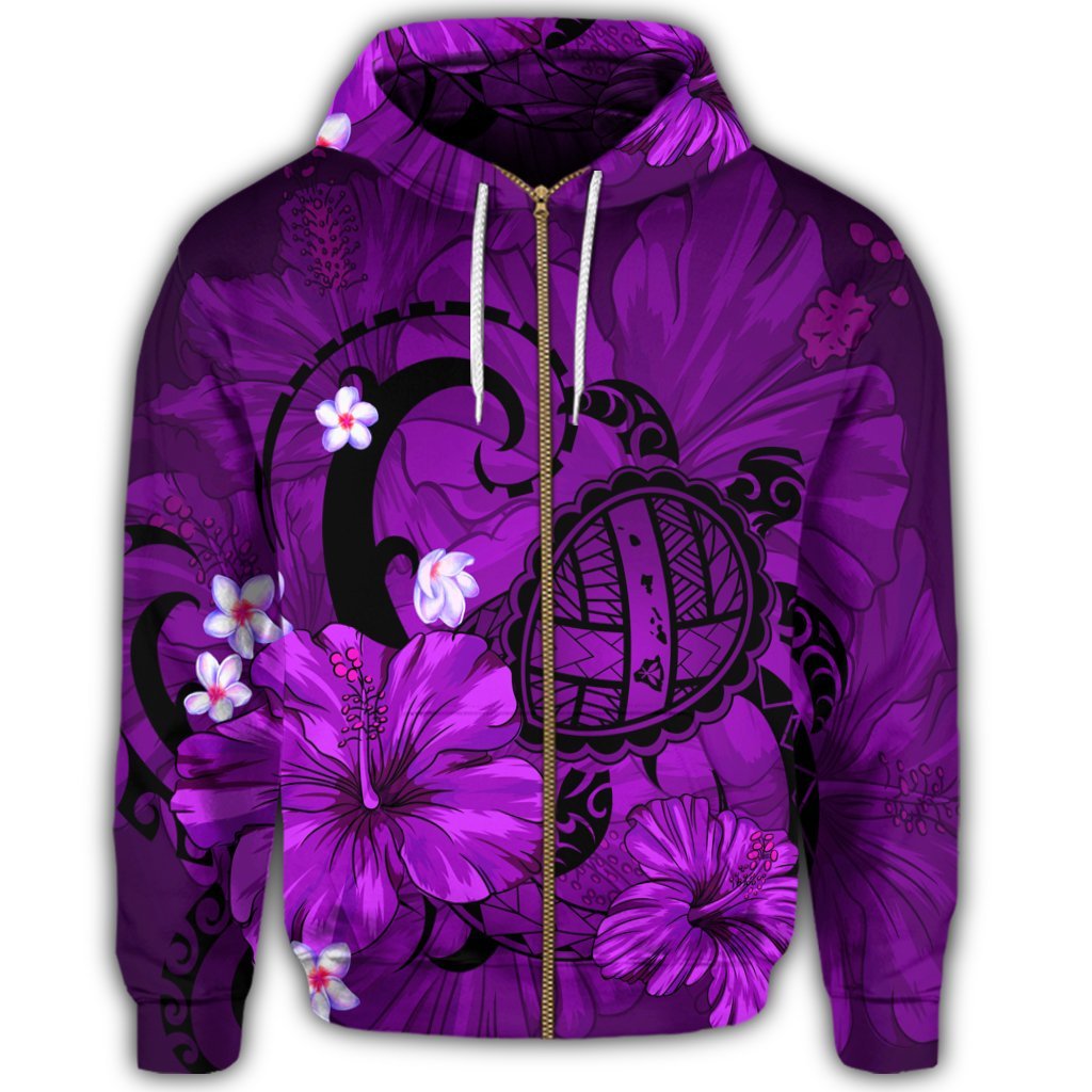 Hawaiian Map Big Turtle Hibiscus Plumeria Tribal Polynesian Zip Hoodie Purple - Polynesian Pride