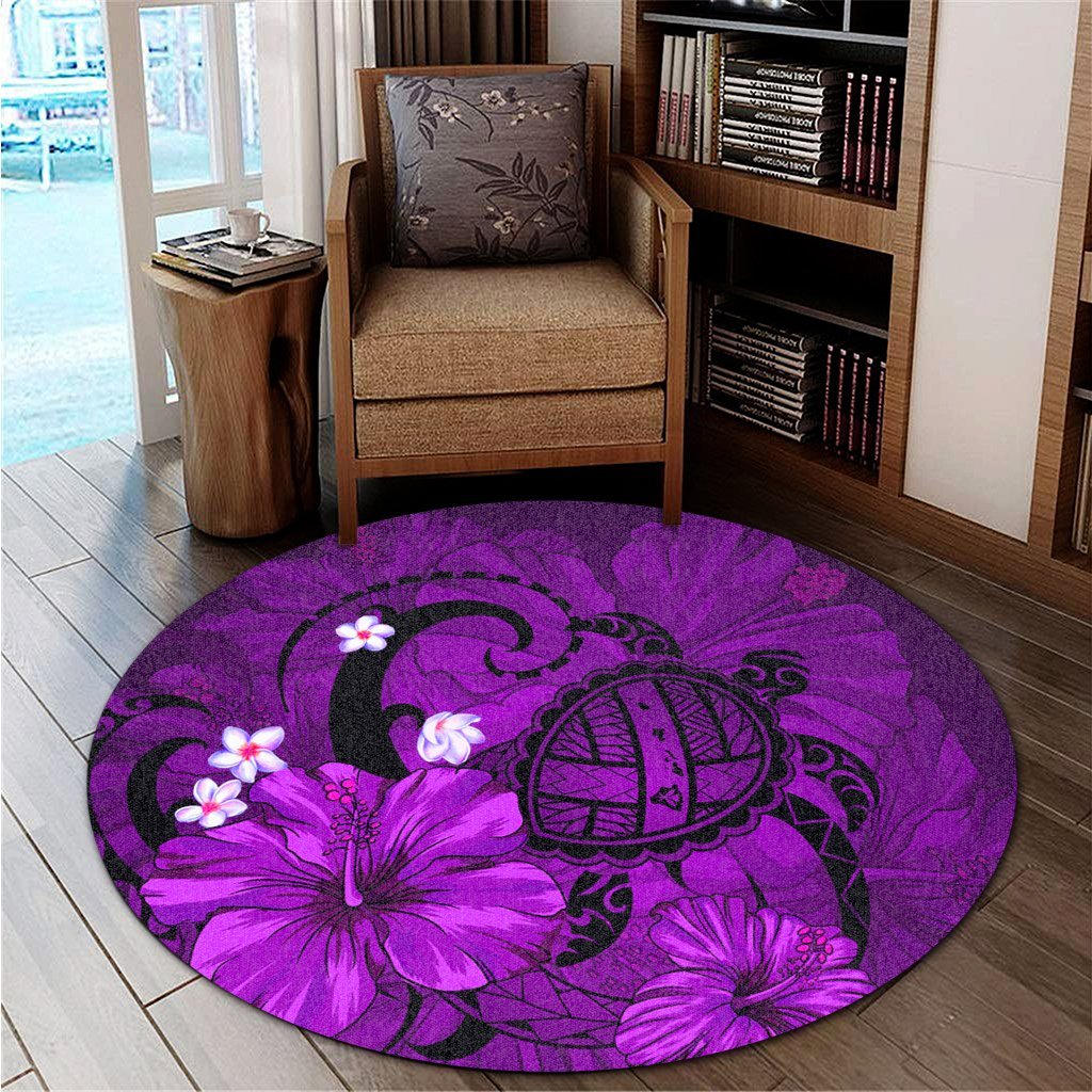 Hawaiian Map Big Turtle Hibiscus Plumeria Tribal Polynesian Round Carpet - Purple - AH - Polynesian Pride