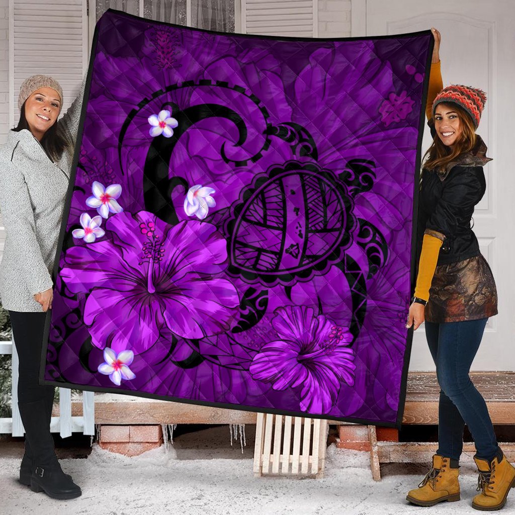Hawaiian Map Big Turtle Hibiscus Plumeria Tribal Polynesian Premium Quilts - Purple - AH - Polynesian Pride