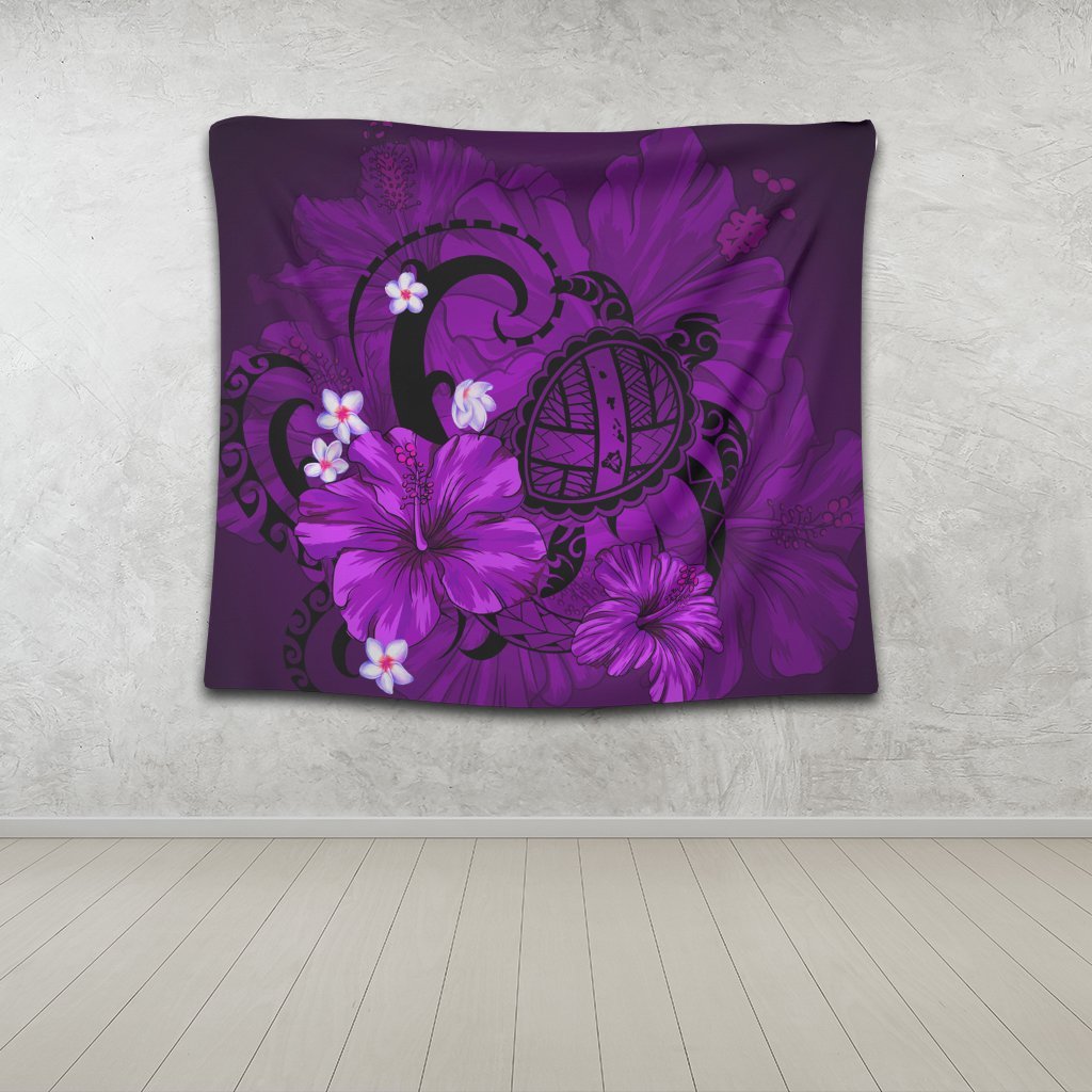Hawaiian Map Big Turtle Hibiscus Plumeria Tribal Polynesian Tapestry - Purple - AH - Polynesian Pride