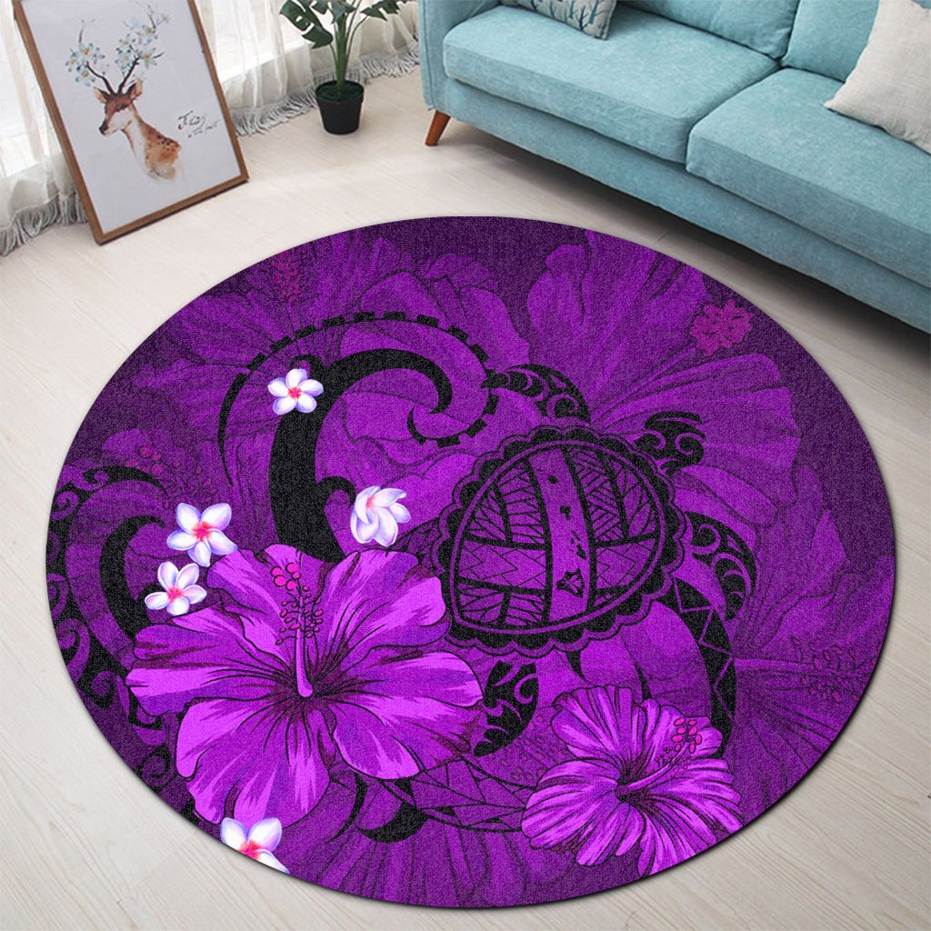 Hawaiian Map Big Turtle Hibiscus Plumeria Tribal Polynesian Round Carpet - Purple - AH - Polynesian Pride
