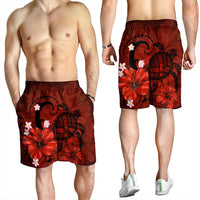 Hawaiian Map Big Turtle Hibiscus Plumeria Tribal Polynesian Men's Shorts - Red - AH - Polynesian Pride