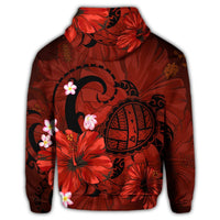 Hawaiian Map Big Turtle Hibiscus Plumeria Tribal Polynesian Hoodie Red - Polynesian Pride