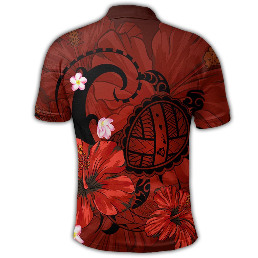 Hawaiian Map Big Turtle Hibiscus Plumeria Tribal Polynesian Polo Shirt Red - Polynesian Pride
