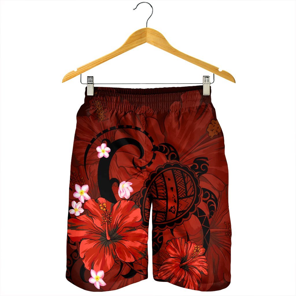 Hawaiian Map Big Turtle Hibiscus Plumeria Tribal Polynesian Men's Shorts - Red - AH - Polynesian Pride