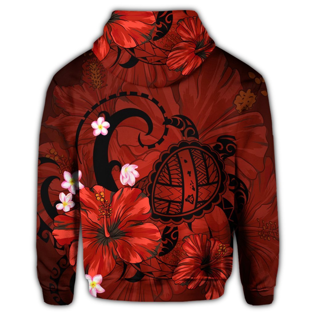 Hawaiian Map Big Turtle Hibiscus Plumeria Tribal Polynesian Zip Hoodie Red - Polynesian Pride