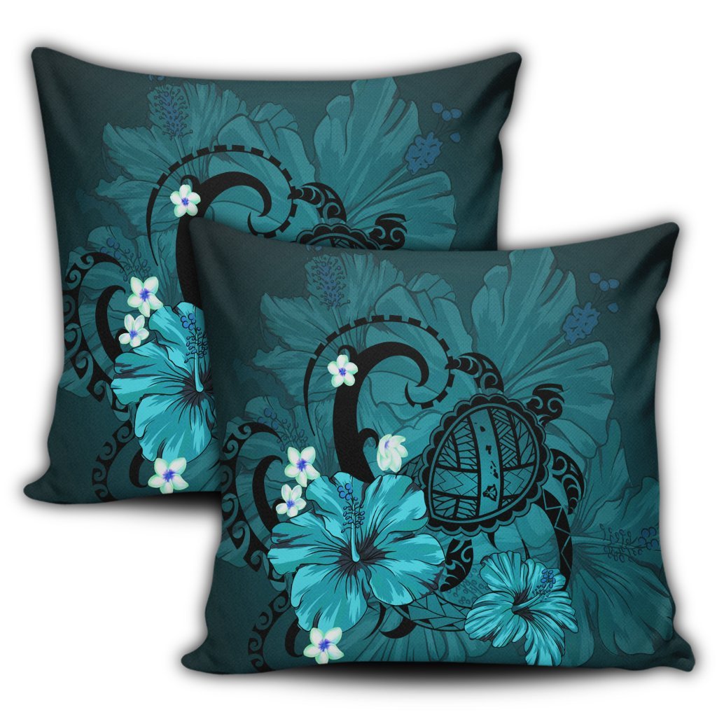 Hawaiian Map Big Turtle Hibiscus Plumeria Tribal Polynesian Pillow Covers - Turquoise - AH - Polynesian Pride