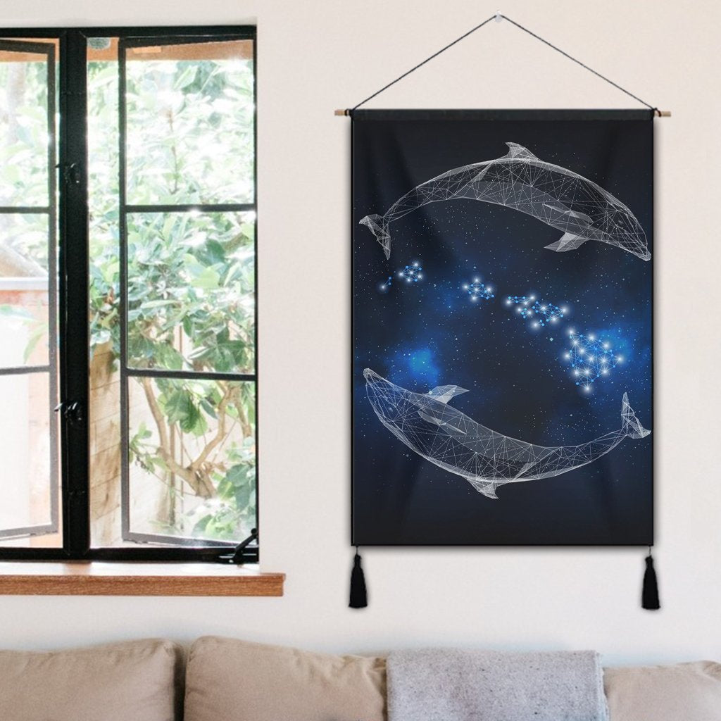 Hawaiian Map Galaxy Zodiac Dolphin White Polynesian Hanging Poster - AH - Polynesian Pride