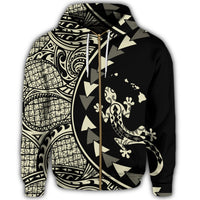 Hawaiian Map Gecko Tattoo Kakau Polynesian Zip Hoodie Beige - Polynesian Pride