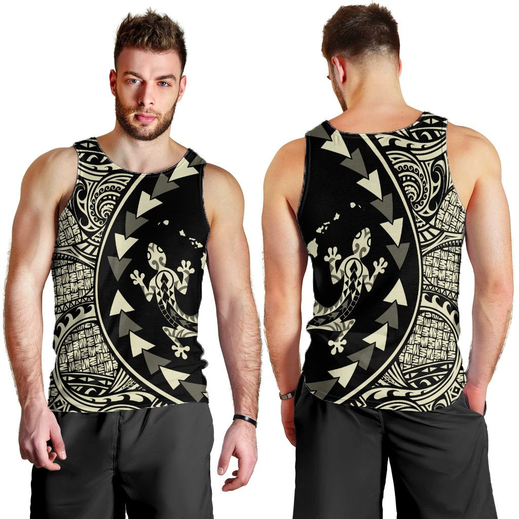 Hawaiian Map Gecko Tattoo Kakau Polynesian Tank Top Beige AH - Polynesian Pride