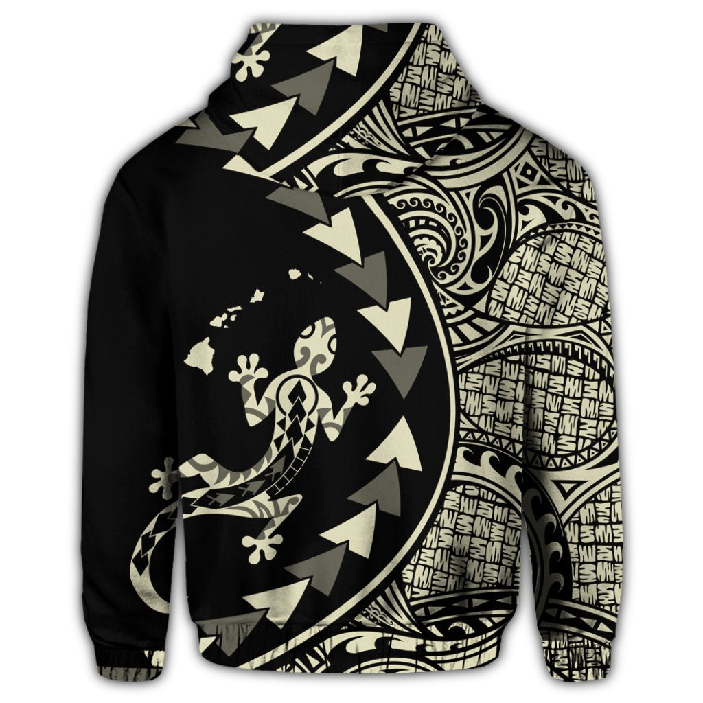 Hawaiian Map Gecko Tattoo Kakau Polynesian Zip Hoodie Beige - Polynesian Pride