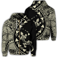Hawaiian Map Gecko Tattoo Kakau Polynesian Zip Hoodie Beige Unisex Art - Polynesian Pride