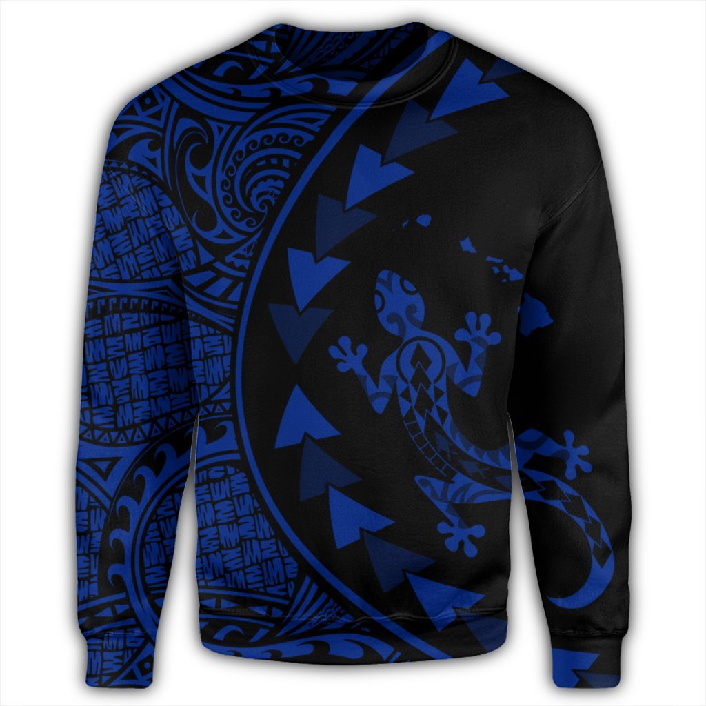Hawaiian Map Gecko Tattoo Kakau Polynesian Sweatshirt Blue AH - Polynesian Pride