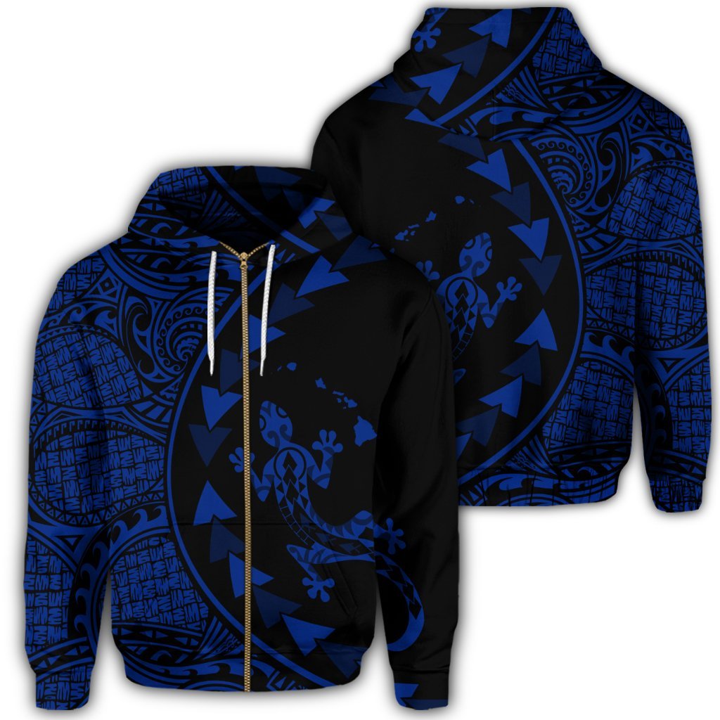 Hawaiian Map Gecko Tattoo Kakau Polynesian Zip Hoodie Blue Unisex Art - Polynesian Pride