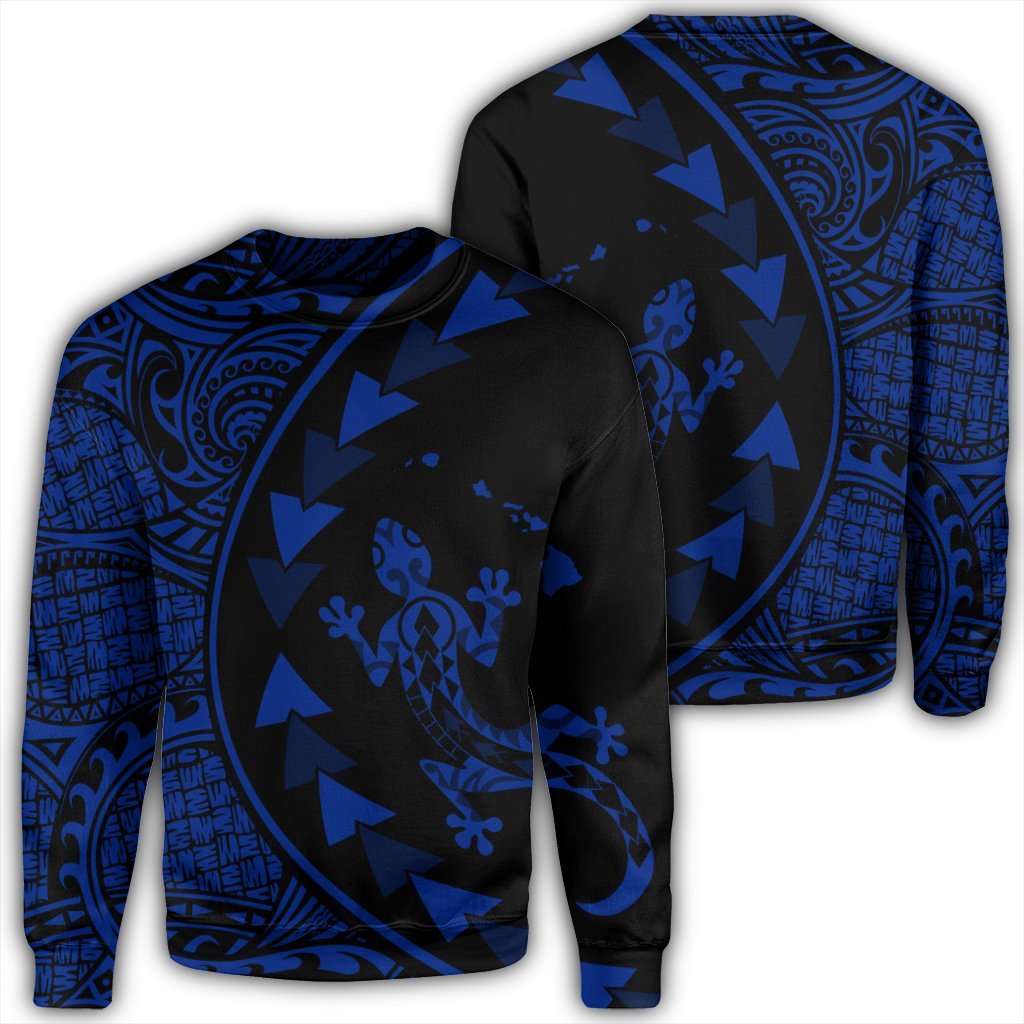Hawaiian Map Gecko Tattoo Kakau Polynesian Sweatshirt Blue AH Unisex Black - Polynesian Pride