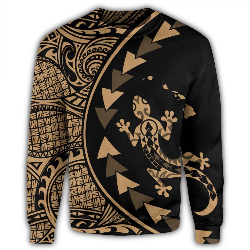 Hawaiian Map Gecko Tattoo Kakau Polynesian Sweatshirt Gold AH - Polynesian Pride