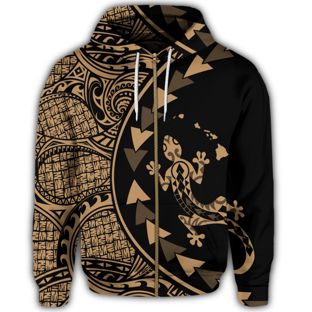 Hawaiian Map Gecko Tattoo Kakau Polynesian Zip Hoodie Gold - Polynesian Pride