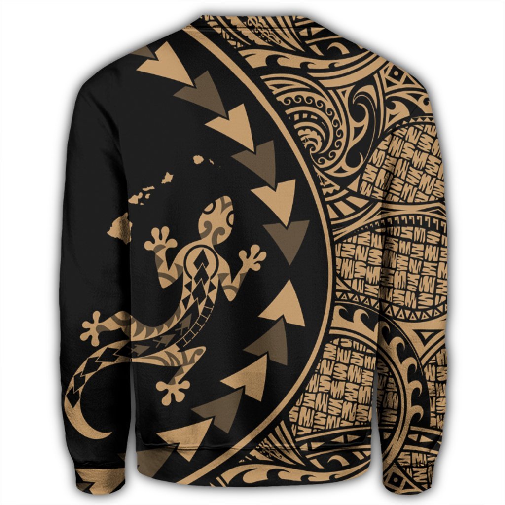 Hawaiian Map Gecko Tattoo Kakau Polynesian Sweatshirt Gold AH - Polynesian Pride