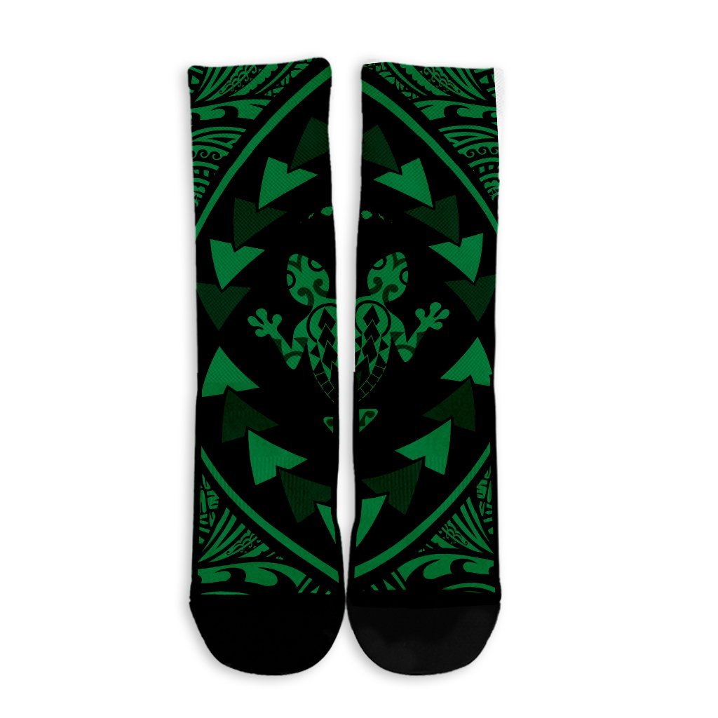 Hawaiian Map Gecko Tattoo Kakau Polynesian Crew Socks Green AH - Polynesian Pride
