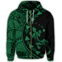 Hawaiian Map Gecko Tattoo Kakau Polynesian Zip Hoodie Green - Polynesian Pride