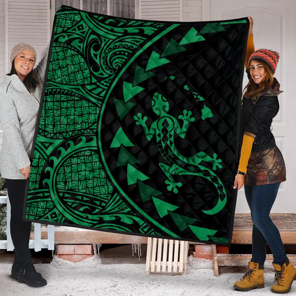 Hawaiian Map Gecko Tattoo Kakau Polynesian Premium Quilts Green AH - Polynesian Pride