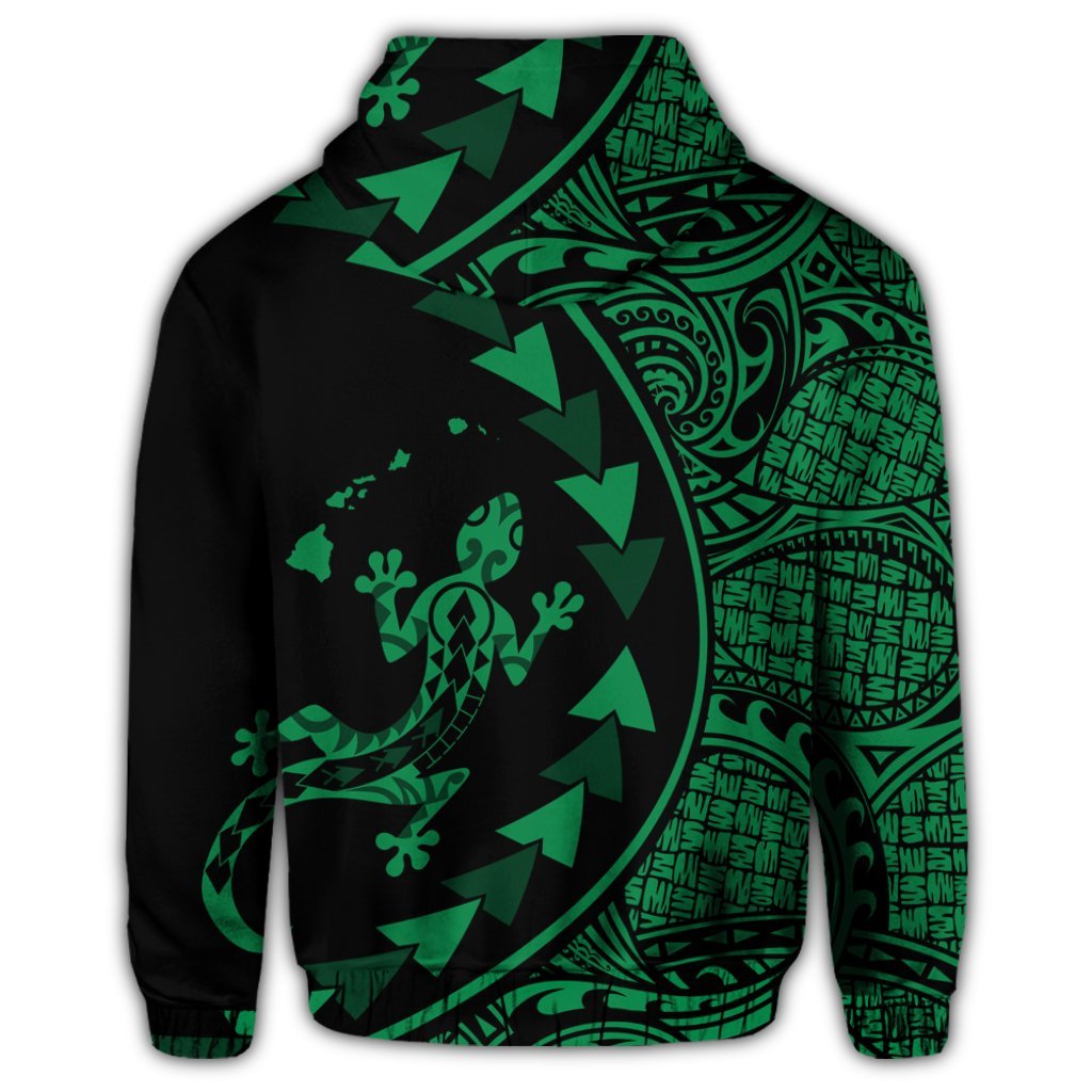 Hawaiian Map Gecko Tattoo Kakau Polynesian Zip Hoodie Green - Polynesian Pride