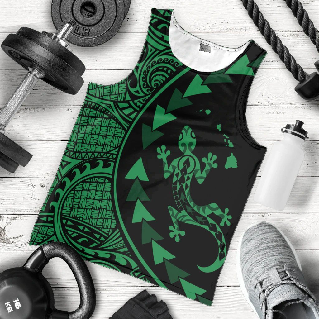 Hawaiian Map Gecko Tattoo Kakau Polynesian Tank Top Green AH - Polynesian Pride