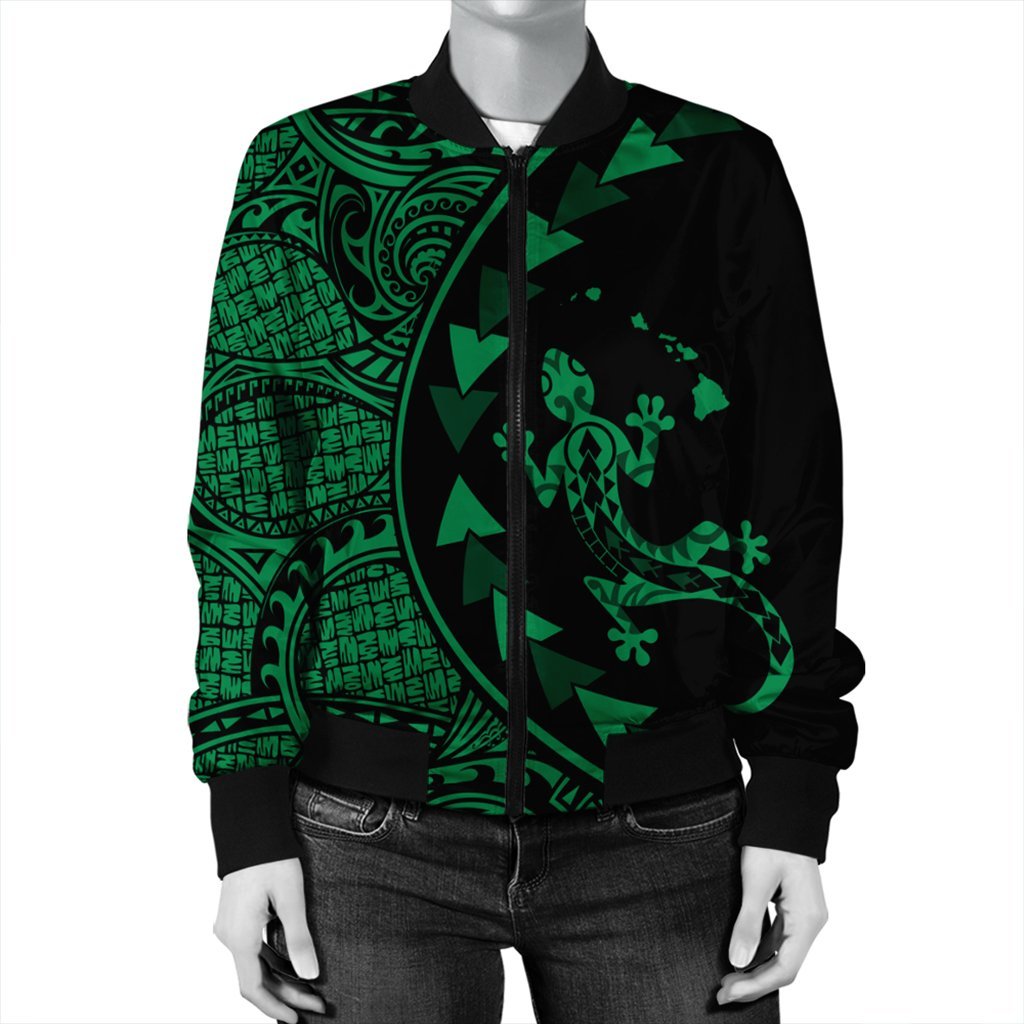 Hawaiian Map Gecko Tattoo Kakau Polynesian Bomber Jacket Green AH - Polynesian Pride