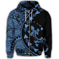 Hawaiian Map Gecko Tattoo Kakau Polynesian Zip Hoodie Pastel Blue - Polynesian Pride