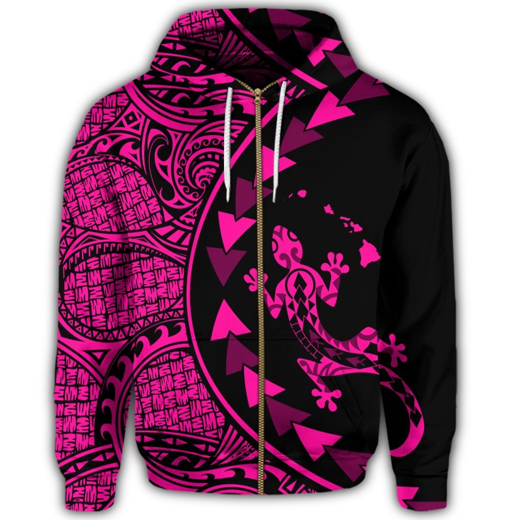 Hawaiian Map Gecko Tattoo Kakau Polynesian Zip Hoodie Pink - Polynesian Pride