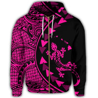 Hawaiian Map Gecko Tattoo Kakau Polynesian Zip Hoodie Pink - Polynesian Pride