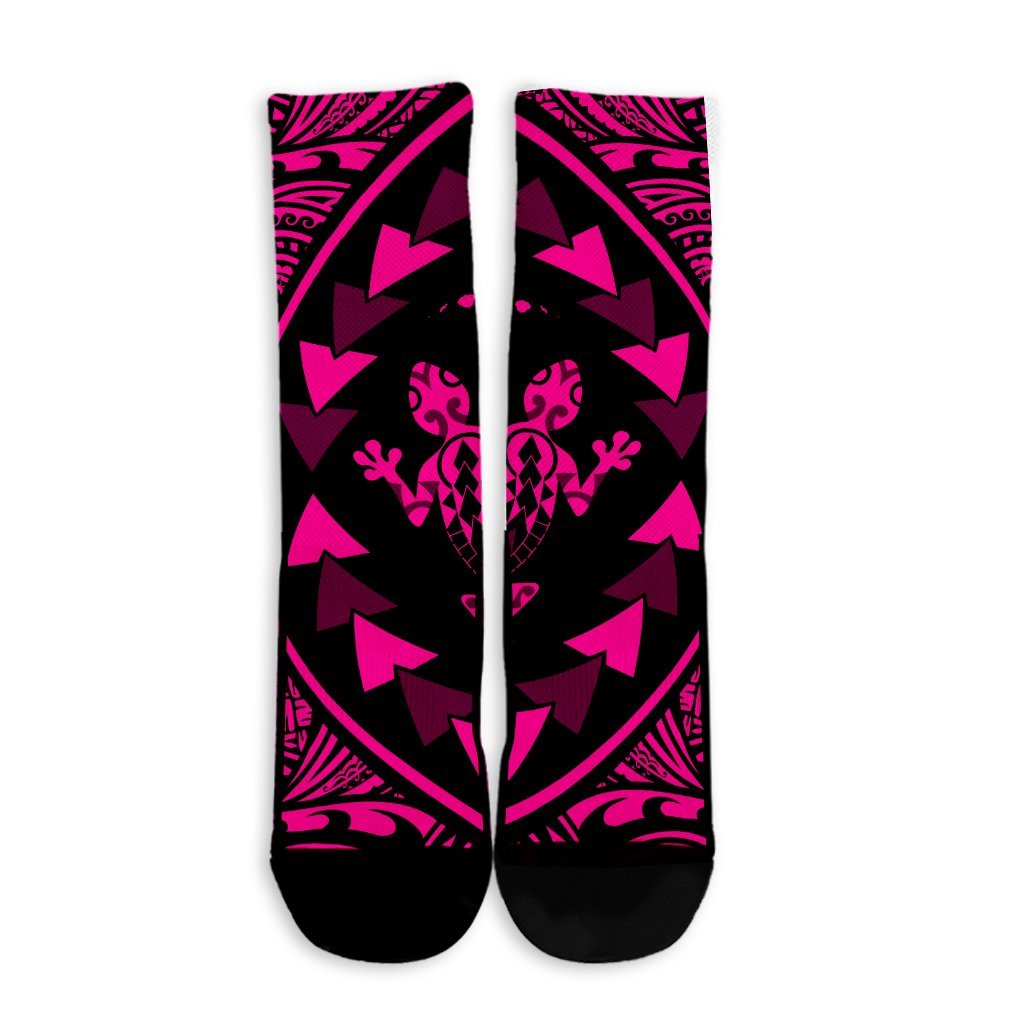 Hawaiian Map Gecko Tattoo Kakau Polynesian Crew Socks Pink AH - Polynesian Pride
