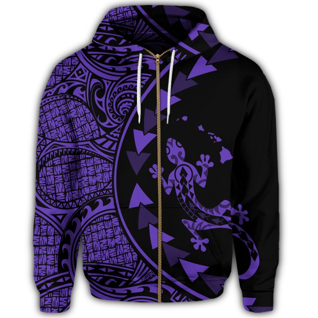 Hawaiian Map Gecko Tattoo Kakau Polynesian Zip Hoodie Purple - Polynesian Pride