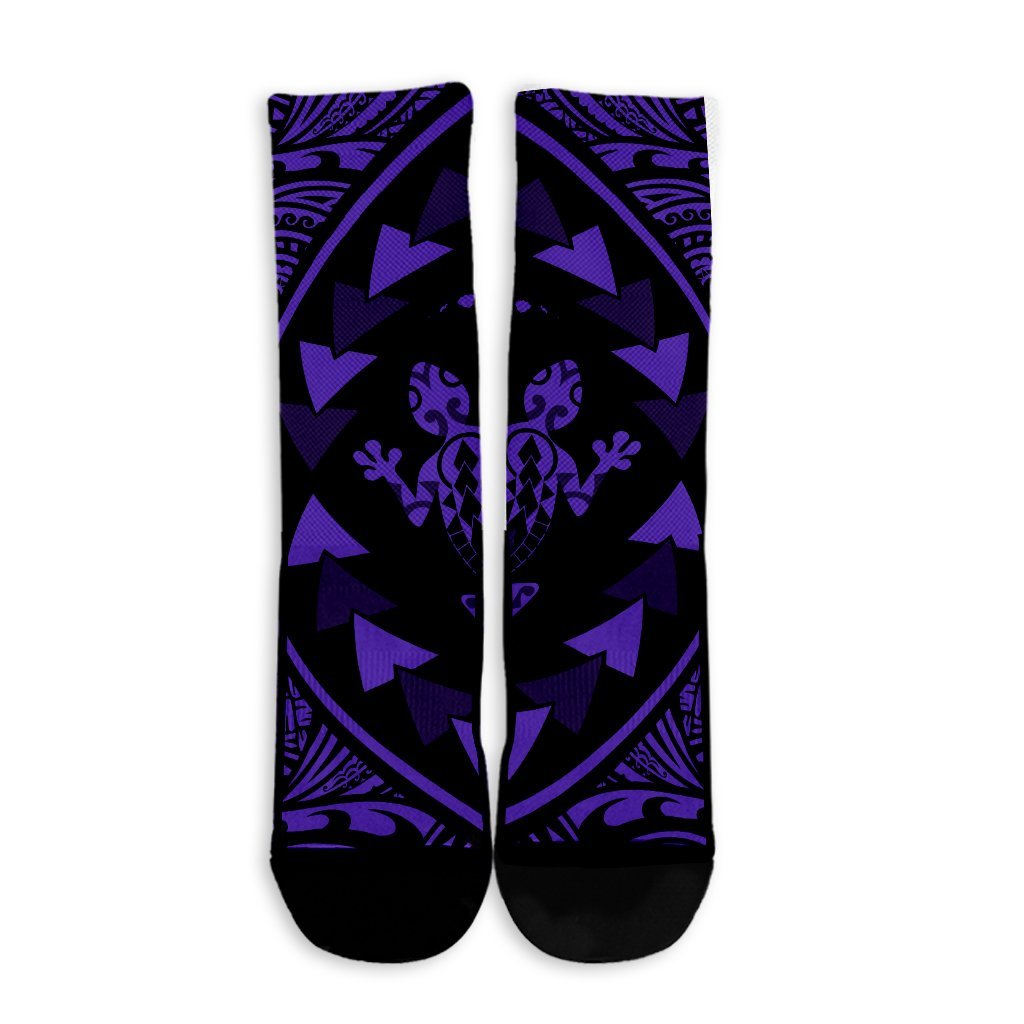 Hawaiian Map Gecko Tattoo Kakau Polynesian Crew Socks Purple AH - Polynesian Pride
