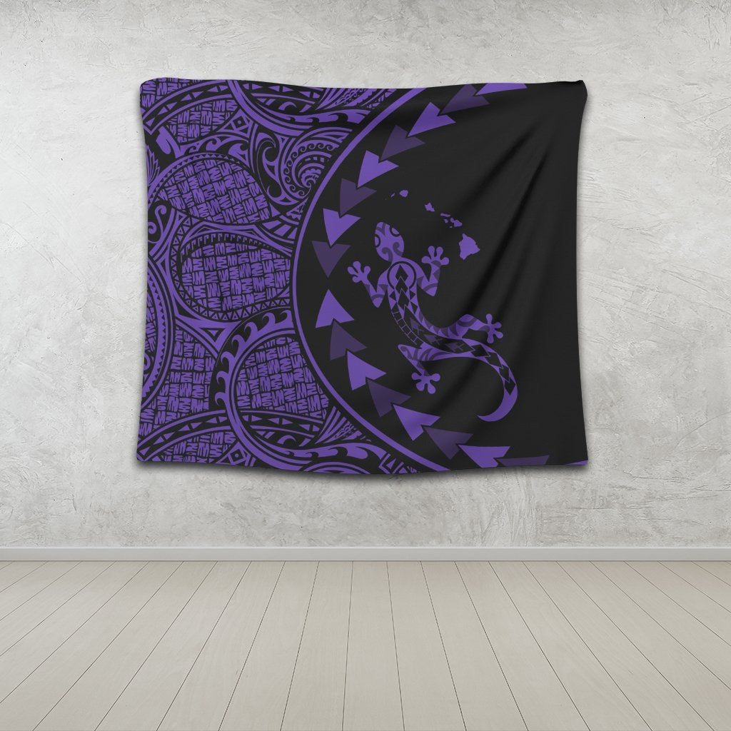 Hawaiian Map Gecko Tattoo Kakau Polynesian Tapestry Purple AH - Polynesian Pride