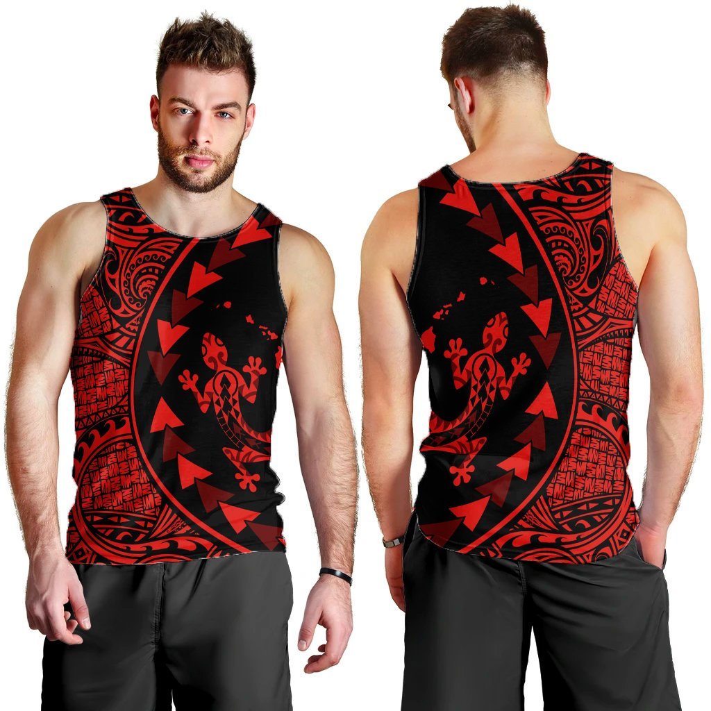 Hawaiian Map Gecko Tattoo Kakau Polynesian Tank Top Red AH - Polynesian Pride