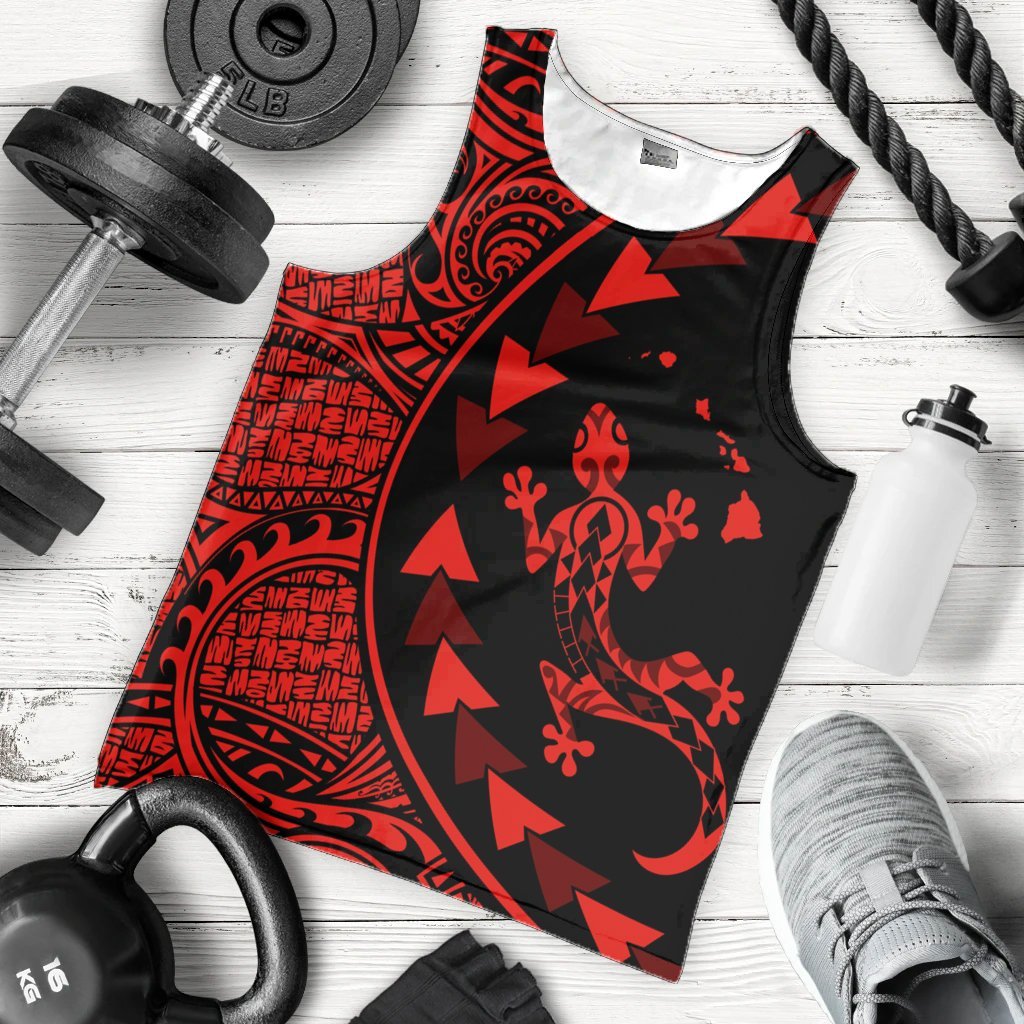 Hawaiian Map Gecko Tattoo Kakau Polynesian Tank Top Red AH - Polynesian Pride
