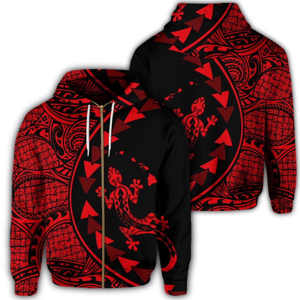 Hawaiian Map Gecko Tattoo Kakau Polynesian Zip Hoodie Red Unisex Art - Polynesian Pride