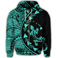 Hawaiian Map Gecko Tattoo Kakau Polynesian Zip Hoodie Turquoise - Polynesian Pride