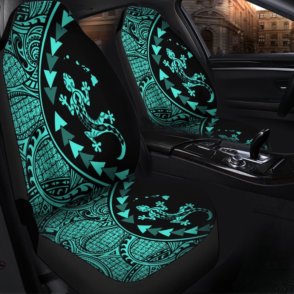 Hawaiian Map Gecko Tattoo Kakau Polynesian Car Seat Covers Turquoise AH - Polynesian Pride