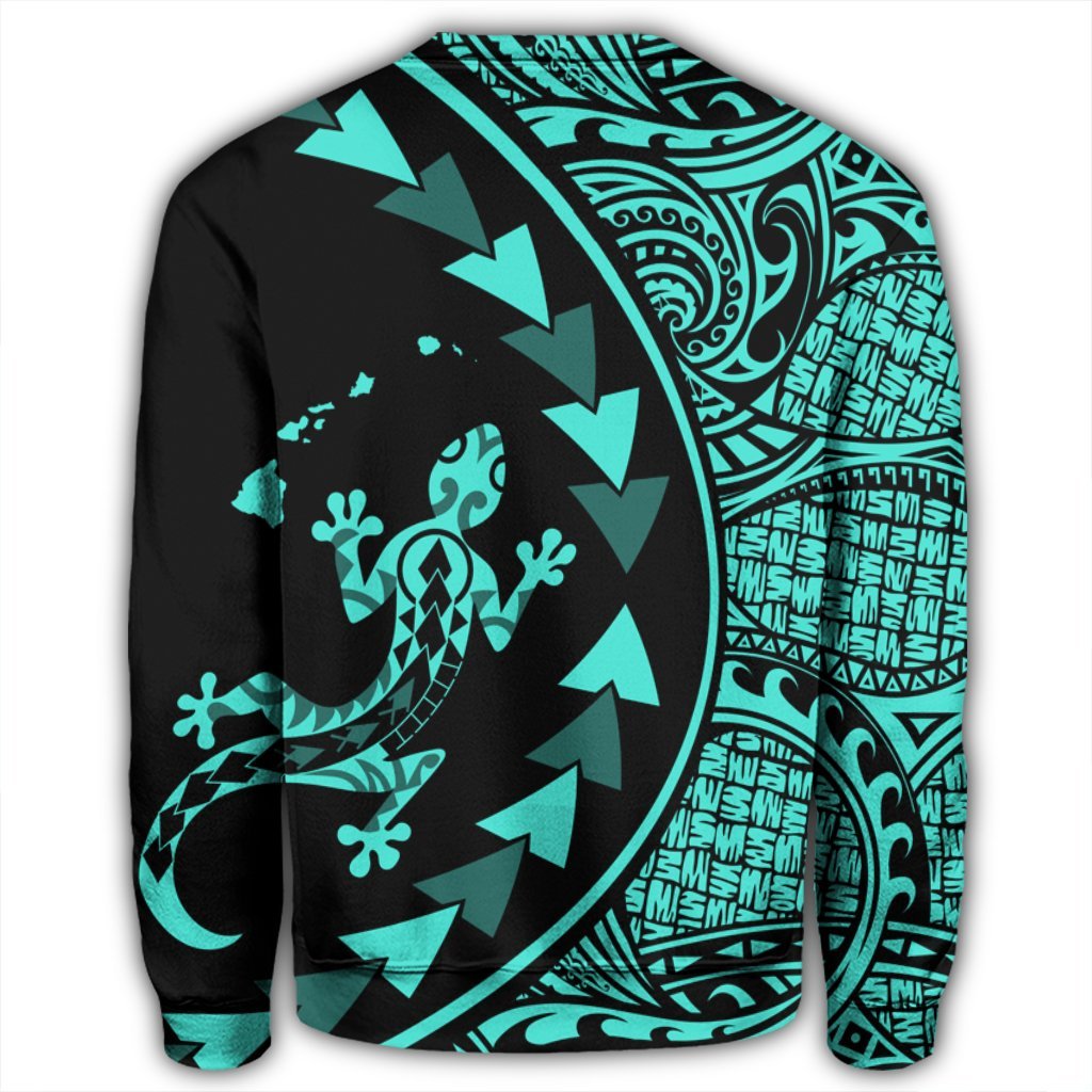 Hawaiian Map Gecko Tattoo Kakau Polynesian Sweatshirt Turquoise AH - Polynesian Pride