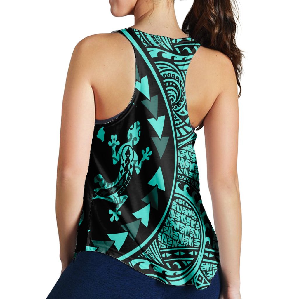 Hawaiian Map Gecko Tattoo Kakau Polynesian Racerback Tank Turquoise AH - Polynesian Pride